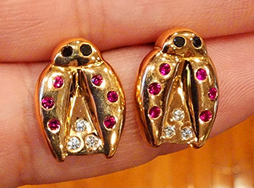 18k Rose Gold Ladybug Earrings with Diamonds and Rubies