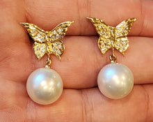 Load image into Gallery viewer, 18K Gold Diamond Butterfly Earrings with South Sea White Pearls