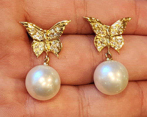 18K Gold Diamond Butterfly Earrings with South Sea White Pearls