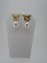 Load image into Gallery viewer, 18K Gold Diamond Butterfly Earrings with South Sea White Pearls