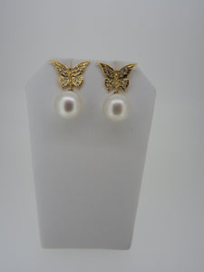 18K Gold Diamond Butterfly Earrings with South Sea White Pearls